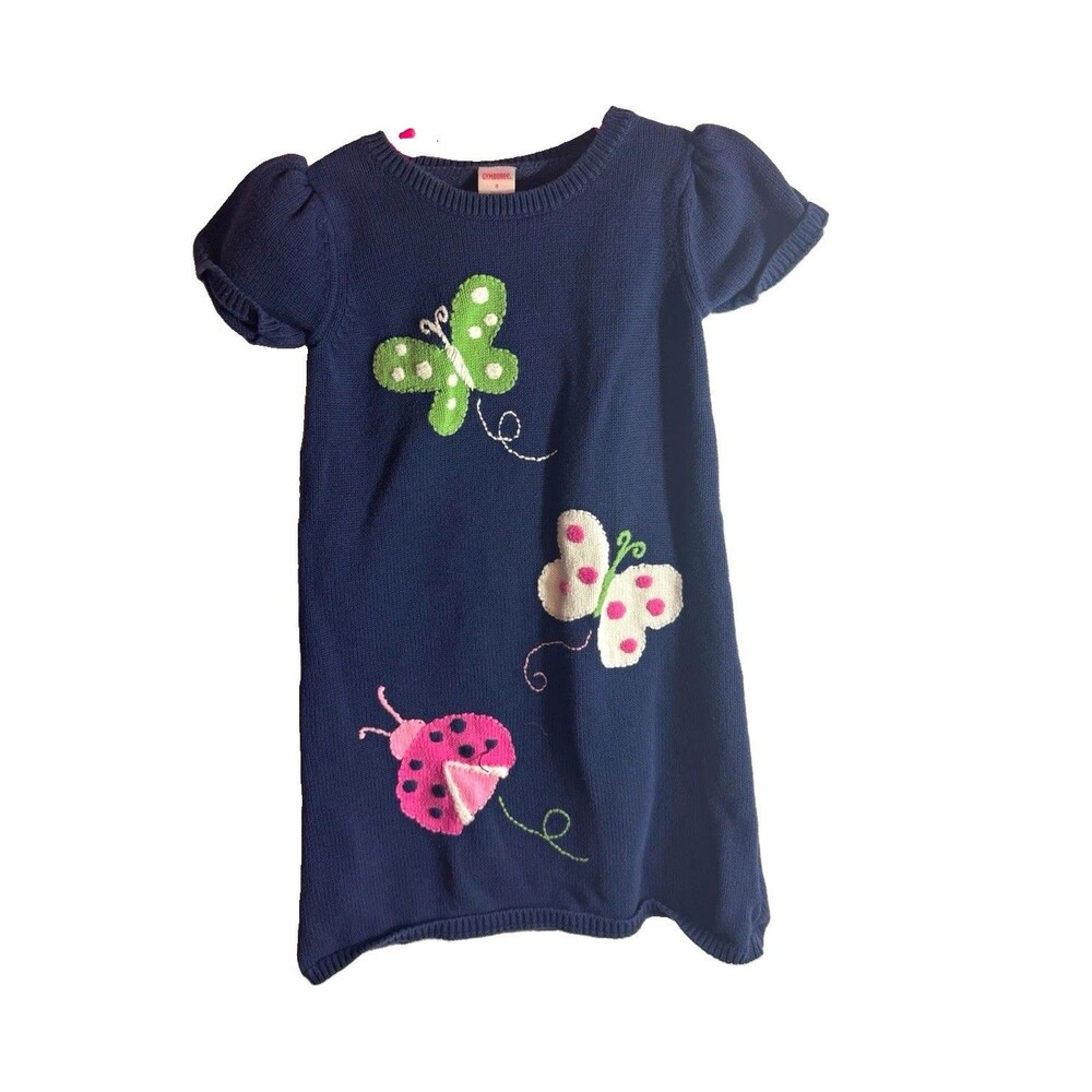 Gymboree Girls 8 Blue Knit Cotton Sweater Dress Puff Sleeve Embroidered Bug